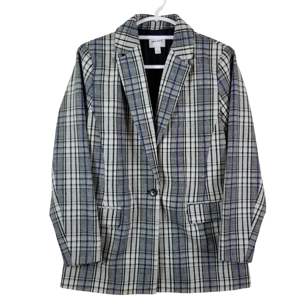 Nine West Womens Glen Plaid Blazer Blue Black White Check One Button Jacket S